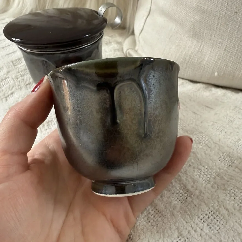 Teavana Japanese Tea Cup Set of 2 Bronze Oil Slick Metallic Ibushi Smoky Japan